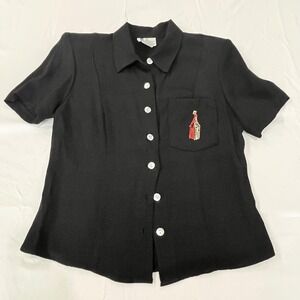 RJ&Co Black Short Sleeve Giraffe Blouse Size 6P Vintage 90s Embroidered Buttons